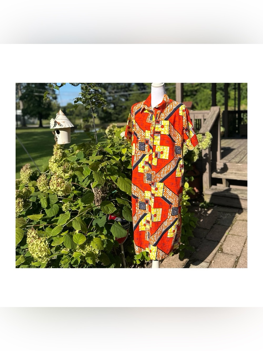 Geometric Print Orange Midi Shirt Dress